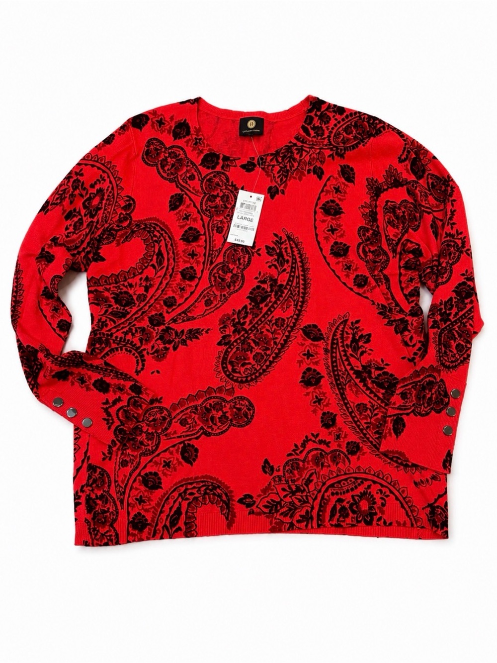 JM Collection Red Crewneck Light Sweater with Black Paisley Print NWT Large
